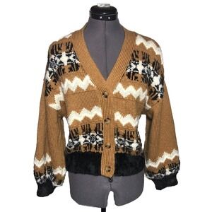 Ann Taylor Fair Isle Chunky Knit Cardigan Sweater Tan Black White M B-44
